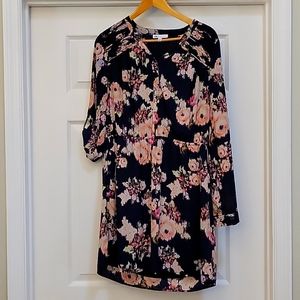 DR2 Navy Blue Floral Long Sleeve Dress Women’s V-Neck Casual Work
